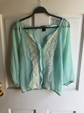 Light Aqua Lace-Trim Sheer Blouse - Women